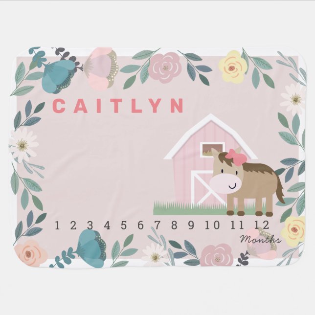 Horse Pony Pink Monthly Milestone Baby Blanket (Horizontal)