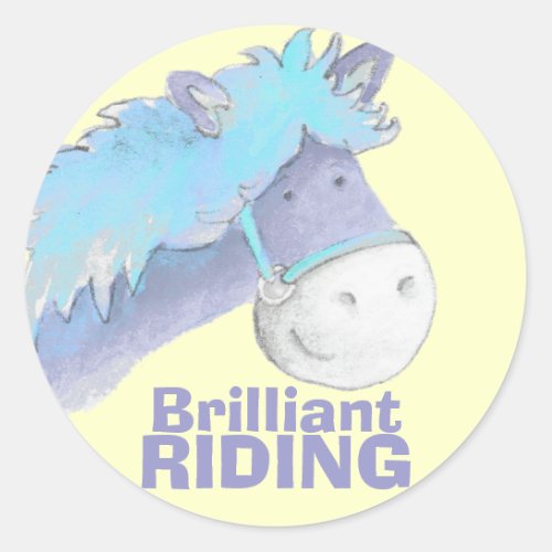 Horse pony riding yellow blue praise sticker