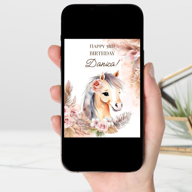 Horse pony with pastel boho flowers birthday card (Front Digital)