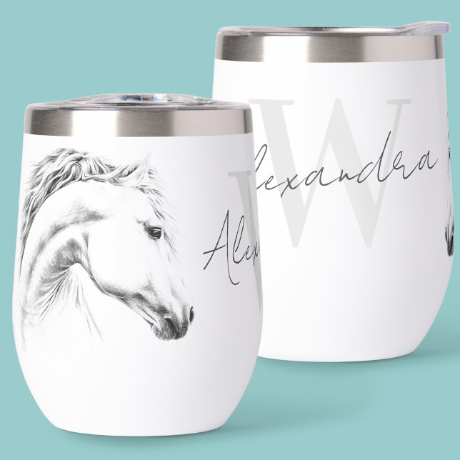 Horse portrait Animal drawing Equestrian art Name Thermal Wine Tumbler (Creator Uploaded)