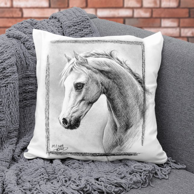 Horse Portrait Charcoal Drawing Equine Art Throw Pillow (Creator Uploaded)