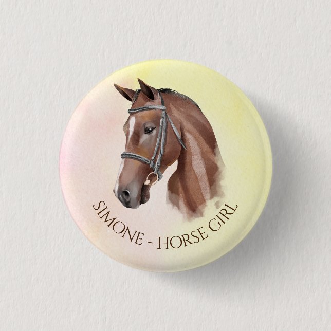 Horse portrait cowgirl equestrian personalized button (Front)