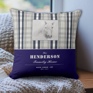 Horse Portrait Navy Blue Plaid Custom Family Name Throw Pillow