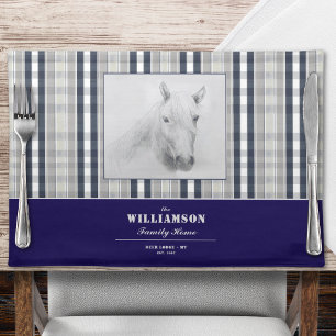 Horse Portrait Navy Blue Plaid Personalized Name  Cloth Placemat