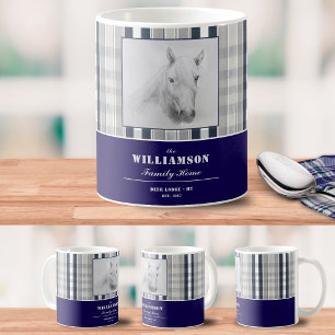 Horse Portrait Navy Blue Plaid Personalized Name Coffee Mug