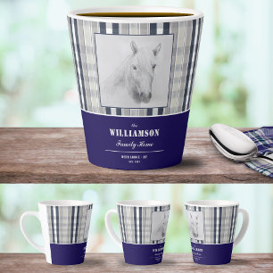 Horse Portrait Navy Blue Plaid Personalized Name Latte Mug