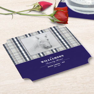 Horse Portrait Navy Blue Plaid Personalized Name Paper Coaster