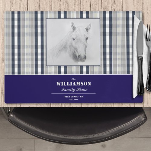 Horse Portrait Navy Blue Plaid Personalized Name  Placemat