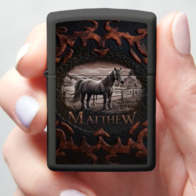 Horse Portrait on Leather Background Zippo Lighter (In Hand)