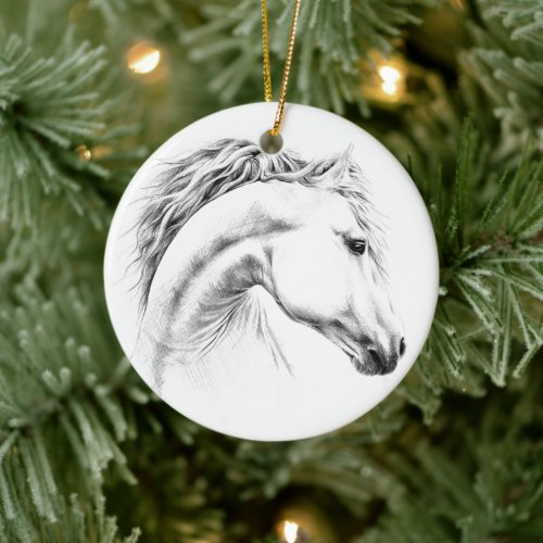 Horse portrait pencil drawing Equestrian art Ceramic Ornament