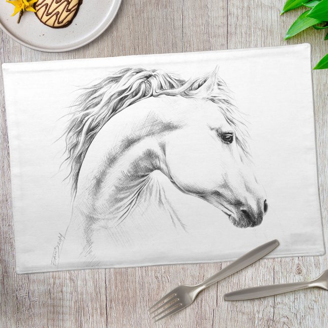 Horse portrait pencil drawing Equestrian art Cloth Placemat (Creator Uploaded)