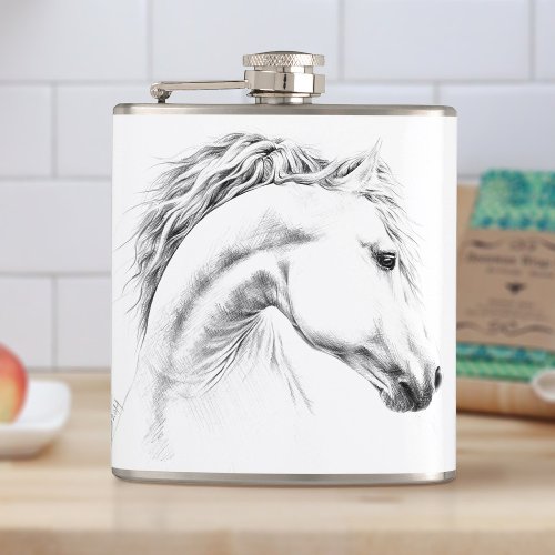 Horse portrait pencil drawing Equestrian art Hip Flask