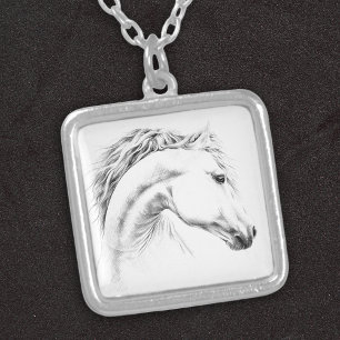 Horse portrait pencil drawing Equestrian art Silver Plated Necklace