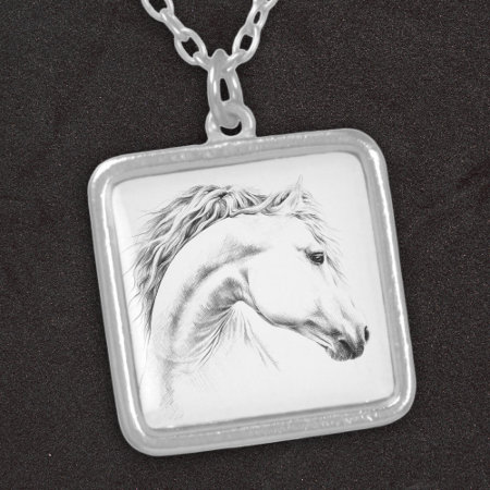 Horse Portrait Pencil Drawing Equestrian Art Silver Plated Necklace