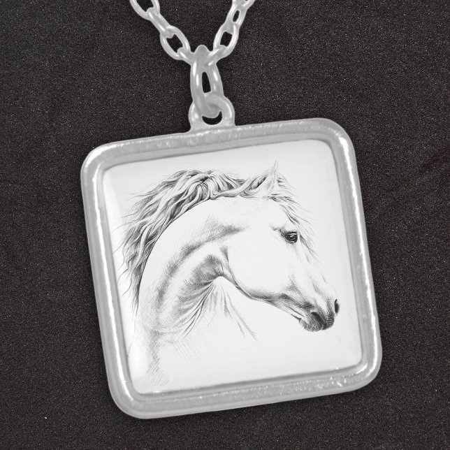 Horse portrait pencil drawing Equestrian art Silver Plated Necklace (Elegant and artistic gift for horse lovers. Edit design, add text ot transfer it to another product!)