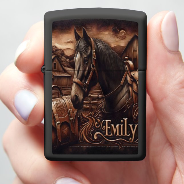 Horse Portrait With Saddle and Name Zippo Lighter (In Hand)