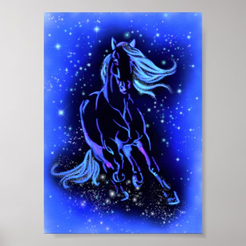 Horse Poster Running Blue Starry Night Poster