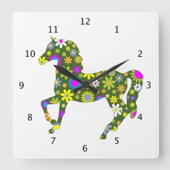 Horse Prancing Funky Floral Retro Flowers Colorful Square Wall Clock by roughcollie at Zazzle