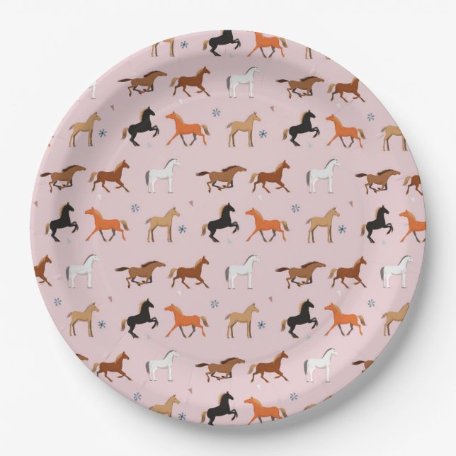 Horse Print Pattern, Women & Girls Kid, Cowgirl Paper Plates (Front)