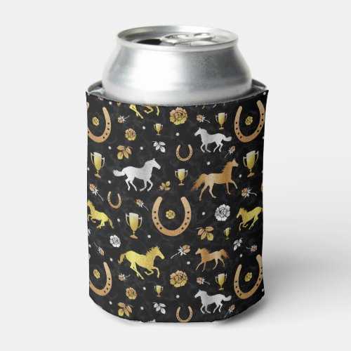Horse Racing Derby Day Black Gold Pattern Monogram Can Cooler
