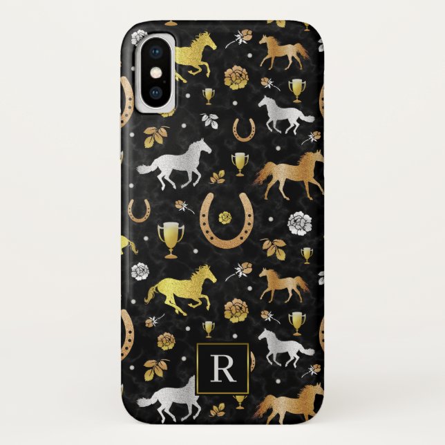 Horse Racing Derby Day Black Gold Pattern Monogram Case-Mate iPhone Case (Back)