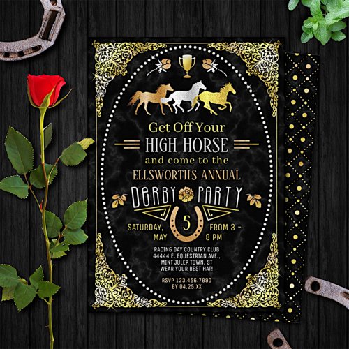 Horse Racing Derby Day Party Art Deco Black Gold Invitation