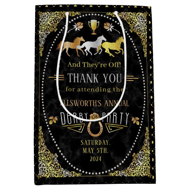 Horse Racing Derby Day Party Art Deco Black Gold Medium Gift Bag (Front)