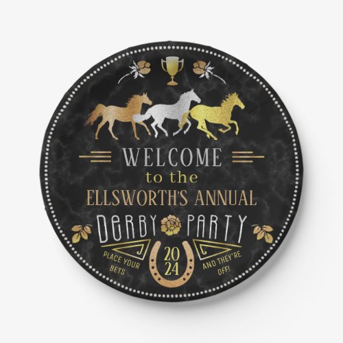 Horse Racing Derby Day Party Art Deco Black Gold Paper Plates