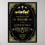 Horse Racing Derby Day Party Art Deco Black Gold Poster<br><div class="desc">This beautiful horse racing derby day party poster design is made in shades of gold, silver, and bronze on black with a slight marble effect. The ornate design recalls themes from the Edwardian and Roaring Twenties eras, with intricate filigree and roses combined with geometric elements. The design includes three racing...</div>