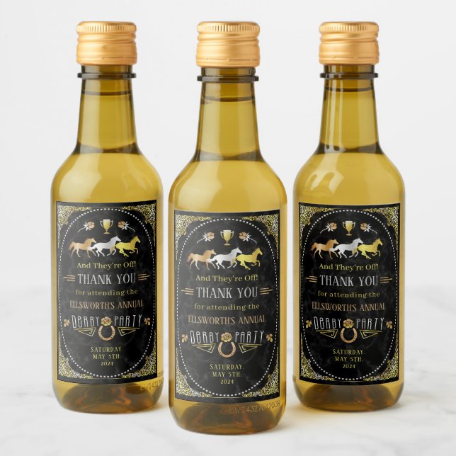 Horse Racing Derby Day Party Art Deco Black Gold Wine Label (Bottles)