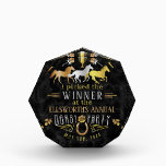 Horse Racing Derby Day Party Art Deco Winner Prize Acrylic Award<br><div class="desc">This beautiful horse racing derby day "winner prize" party design is made in shades of gold, silver, and bronze on black with a slight marble effect. The design includes three racing horses, a trophy, and a horseshoe. All text can be altered except "Derby Party." "Customize / personalize further" to make...</div>