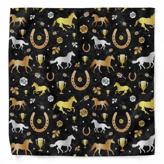 Horse Racing Derby Day Party Black Gold Pattern Bandana (Front)