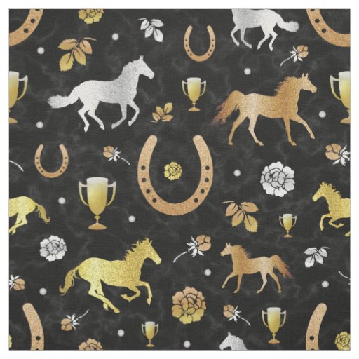 Horse Racing Derby Day Party Black Gold Pattern Fabric