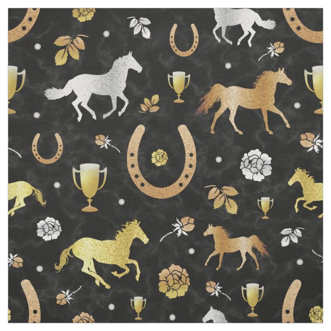 Horse Racing Derby Day Party Black Gold Pattern Fabric (Swatch)