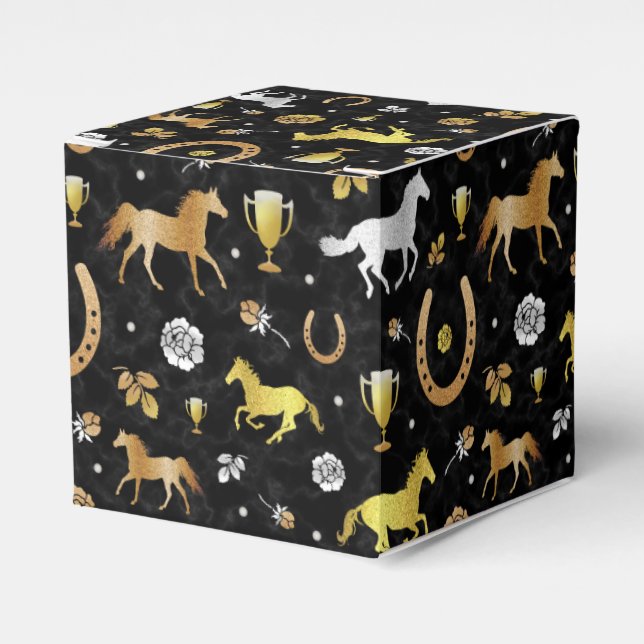 Horse Racing Derby Day Party Black Gold Pattern Favor Boxes (Front Side)