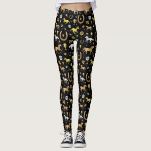Horse Racing Derby Day Party Black Gold Pattern Leggings