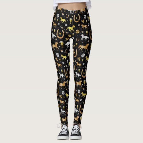 Horse Racing Derby Day Party Black Gold Pattern Leggings