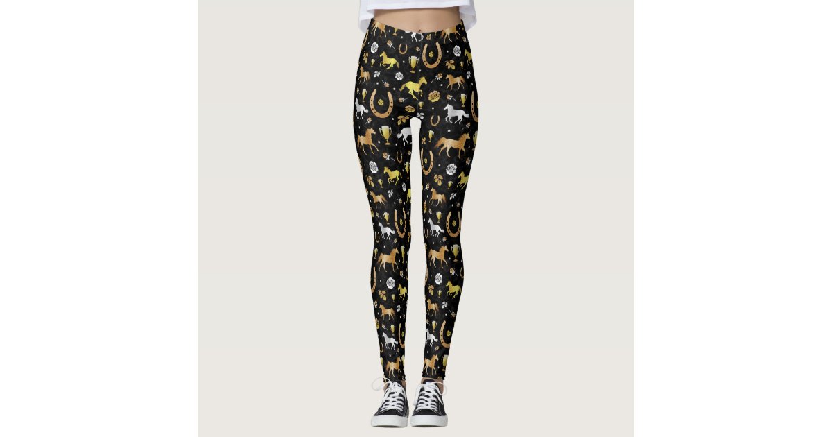 Horse Racing Derby Day Party Black Gold Pattern Leggings | Zazzle
