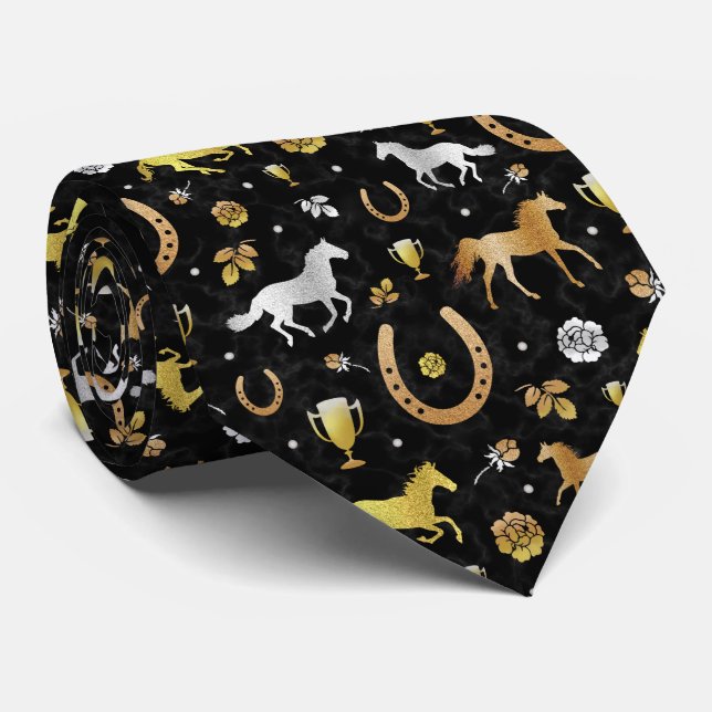 Horse Racing Derby Day Party Black Gold Pattern Neck Tie (Rolled)