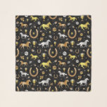 Horse Racing Derby Day Party Black Gold Pattern Scarf<br><div class="desc">Celebrate your favorite horse racing derby with this gorgeous pattern. The repeating design is made in shades of gold, silver, and bronze on black with a slight marble effect. The ornate pattern includes horses, trophies, horseshoes, and roses. Contact FancyCelebration for changes. See the matching party supplies and more here: https://www.zazzle.com/collections/horse_racing_derby_day_party_collection-119108502832802144...</div>