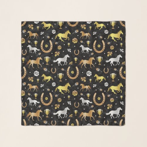 Horse Racing Derby Day Party Black Gold Pattern Scarf
