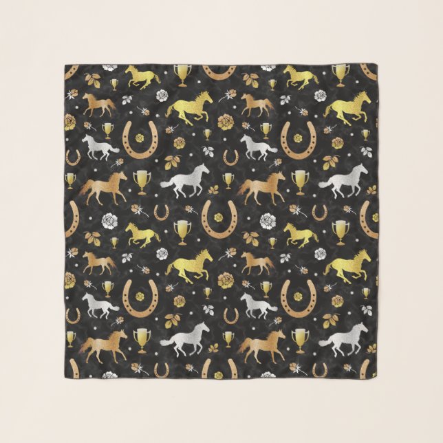 Horse Racing Derby Day Party Black Gold Pattern Scarf (Front)