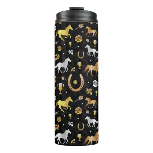 Horse Racing Derby Day Party Black Gold Pattern Thermal Tumbler