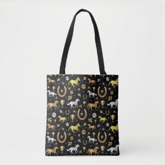 Horse Racing Derby Day Party Black Gold Pattern Tote Bag
