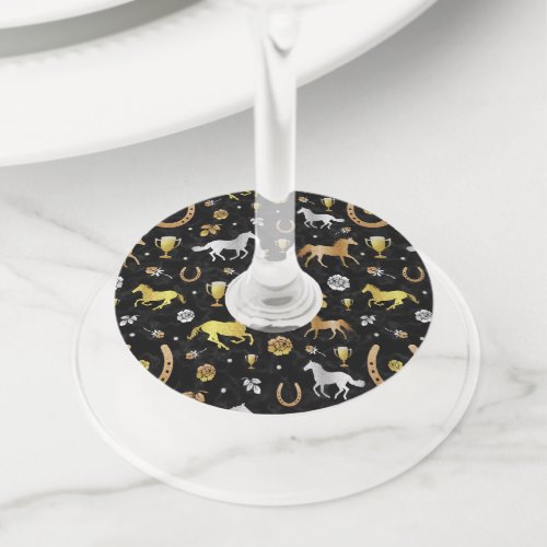Horse Racing Derby Day Party Black Gold Pattern Wine Glass Tag