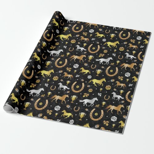 Horse Racing Derby Day Party Black Gold Pattern Wrapping Paper