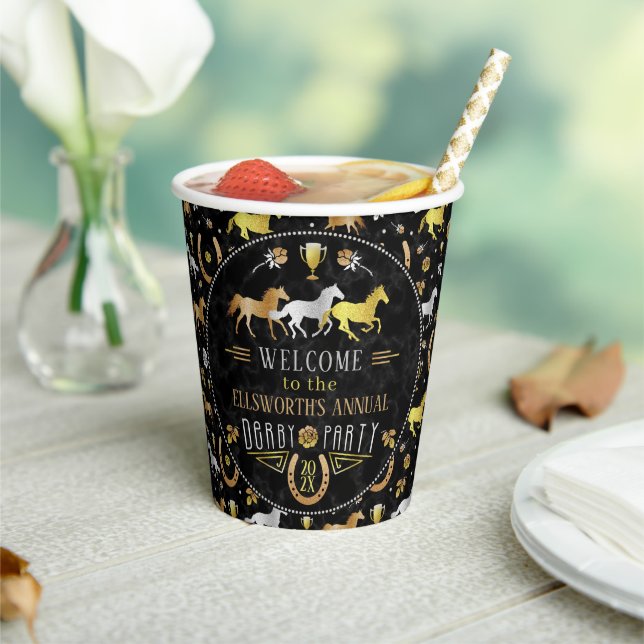 Horse Racing Derby Day Party Black Gold Welcome Paper Cups (Insitu)
