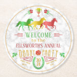 Horse Racing Derby Day Party Colorful Marble Round Paper Coaster<br><div class="desc">This beautiful horse racing derby day party design is made in shades of green, golden yellow, and red on a gray / white background with a slight marble effect. The ornate design recalls themes from the Edwardian and Roaring Twenties eras, with roses combined with geometric elements. The design includes three...</div>