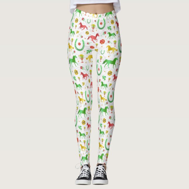Horse Racing Derby Day Party Colorful Pattern Leggings (Front)