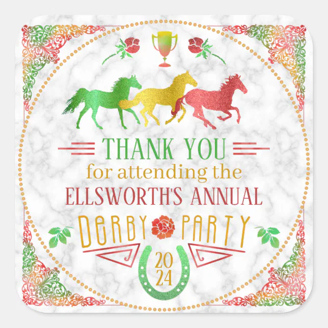 Horse Racing Derby Day Party Colorful Thank You Square Sticker | Zazzle